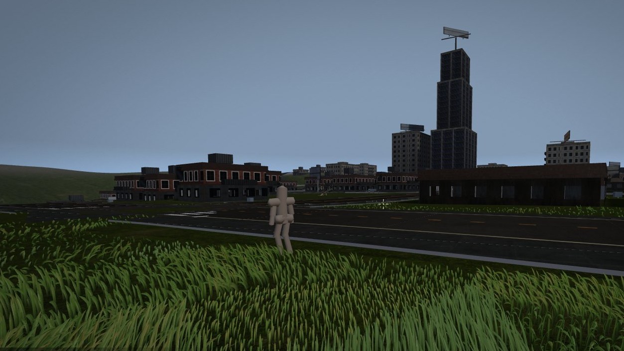 A lone figure standing in tall grass beside an empty road, below the dead skyline of DEAD HARBOR