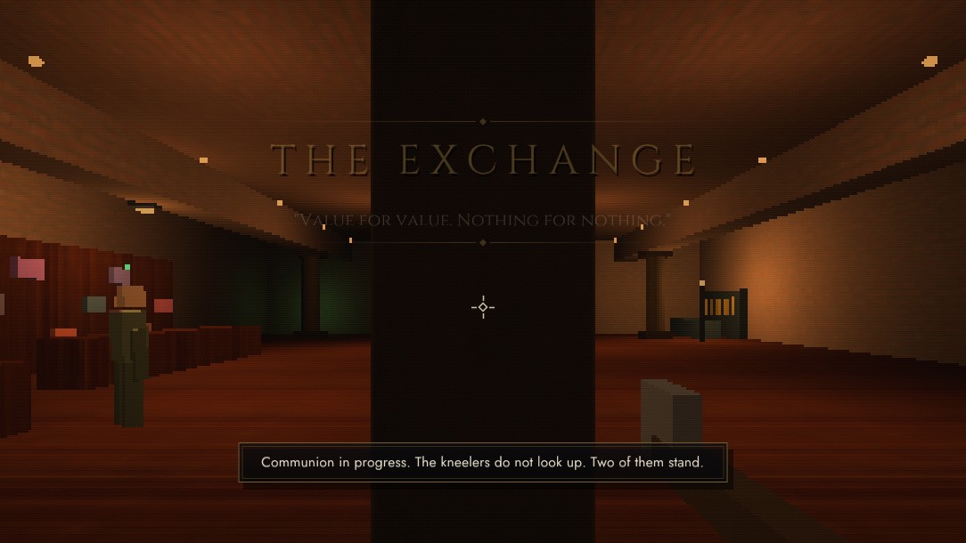The Exchange in PRIME MOVER, a warm lamplit trading hall inside the spire city